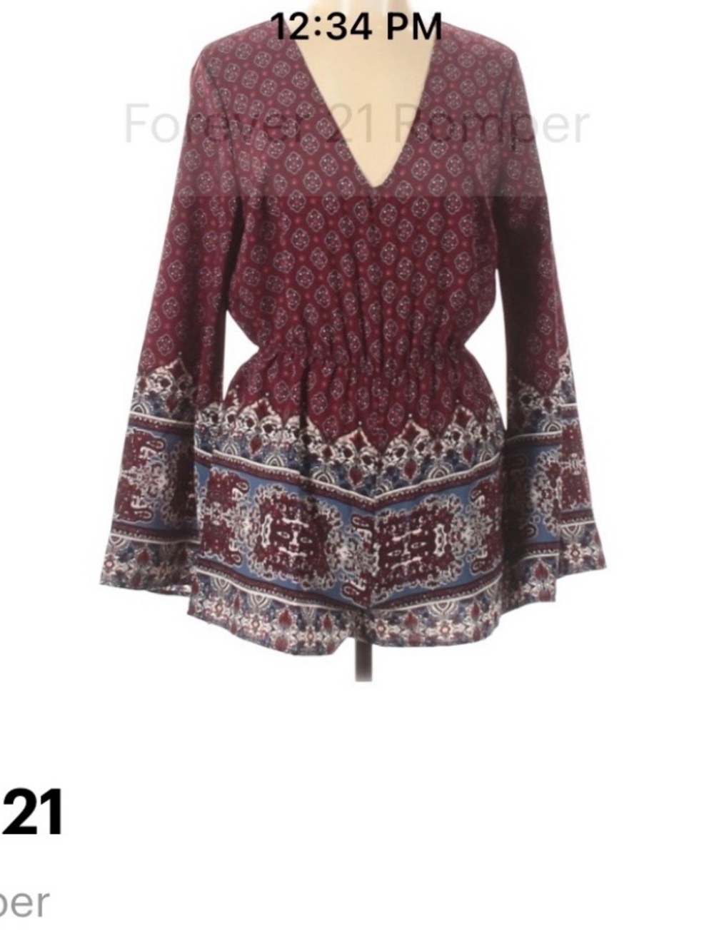 Forever 21 Burgundy Printed V-Neck Romper